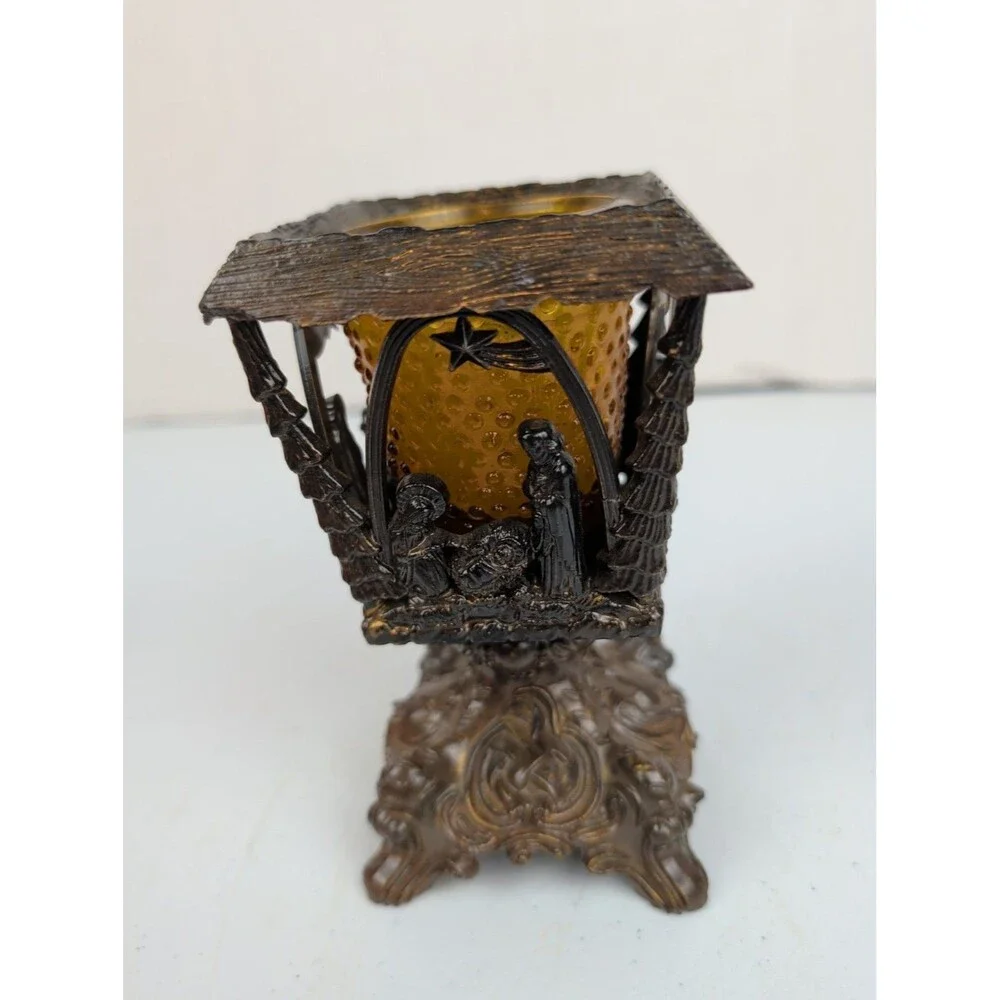 VTG Faux Brass Nativity Lamp Candle Holder Merri- Mack Hong Kong Xmas Gothic